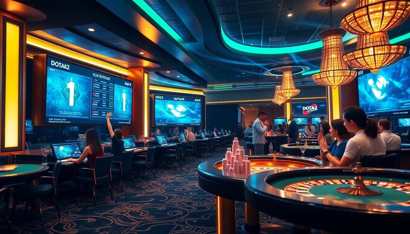 Bet on Dota 2 with E1 Sport in a dynamic casino atmosphere featuring esports betting.