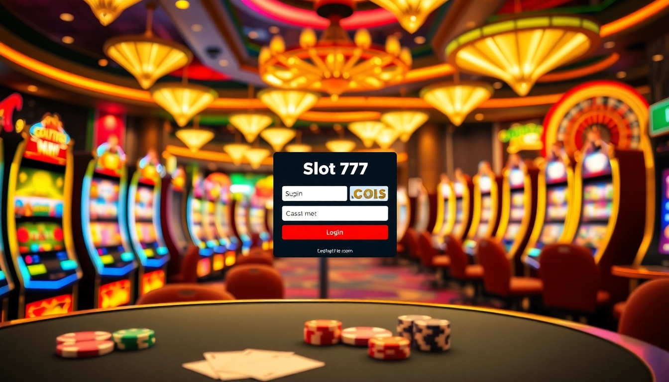 Experience the thrill of a slot777 login in a vibrant casino with luxurious slot machines and gaming tables.