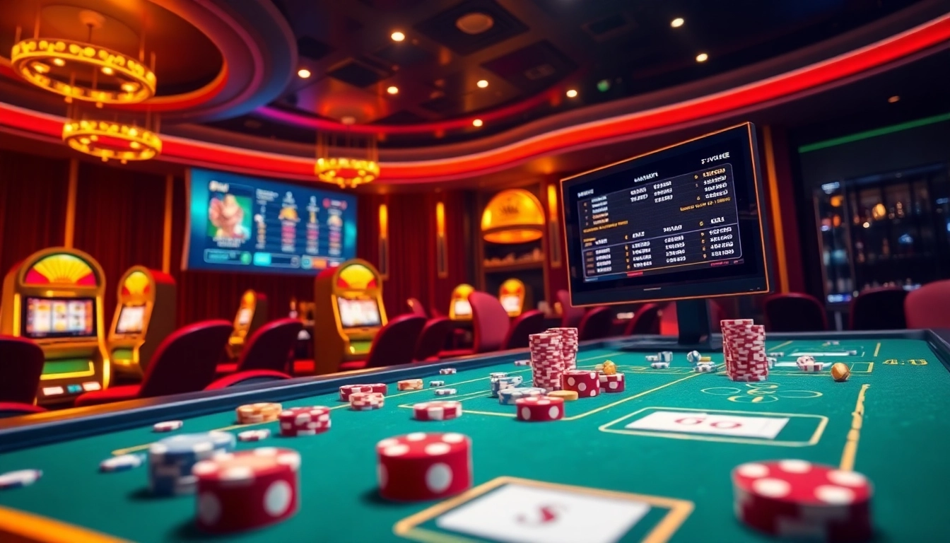 Engaging scene of dynamic online gambling at s8 nhà cái, showcasing slot machines and vibrant poker chips.