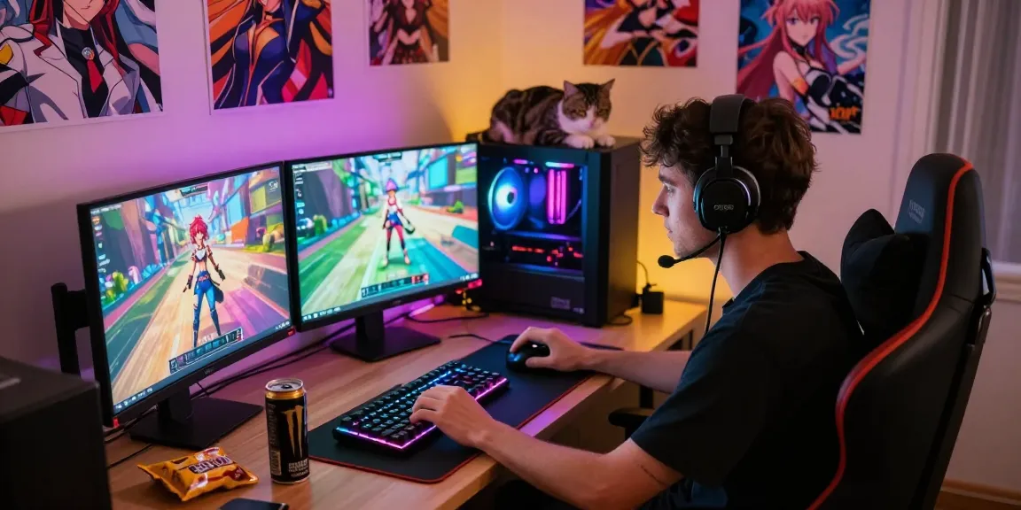 Engaged gamer playing an ecchi game on multiple screens, showcasing vibrant gameplay and setup.
