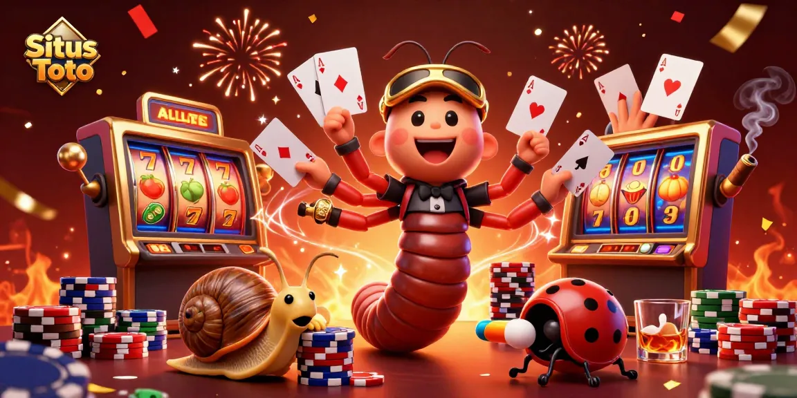 Situs Toto enhances gameplay excitement with a whimsical 3D illustration of a millipede dealer and high-roller action.