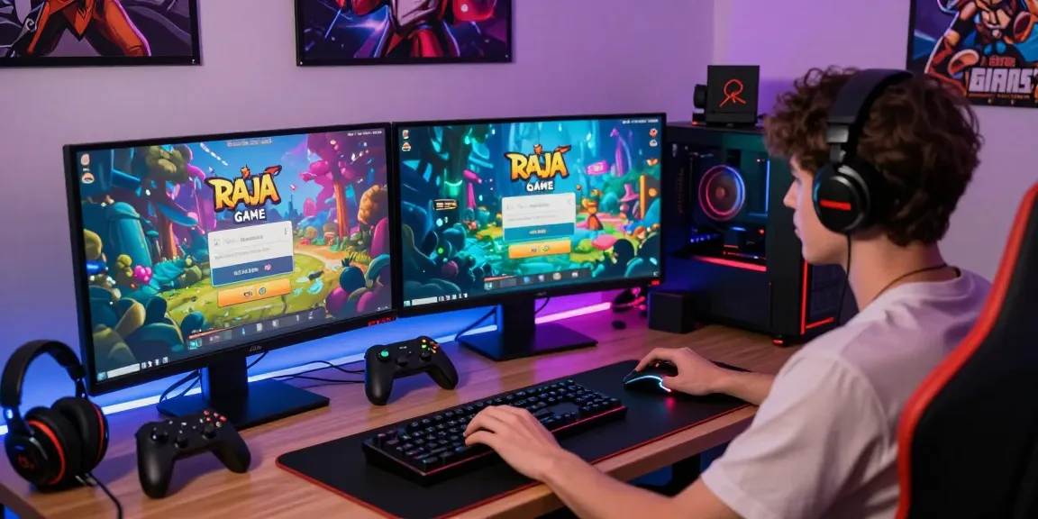 Raja Game login process on a vibrant desktop gaming setup with user engaged in interactive play.