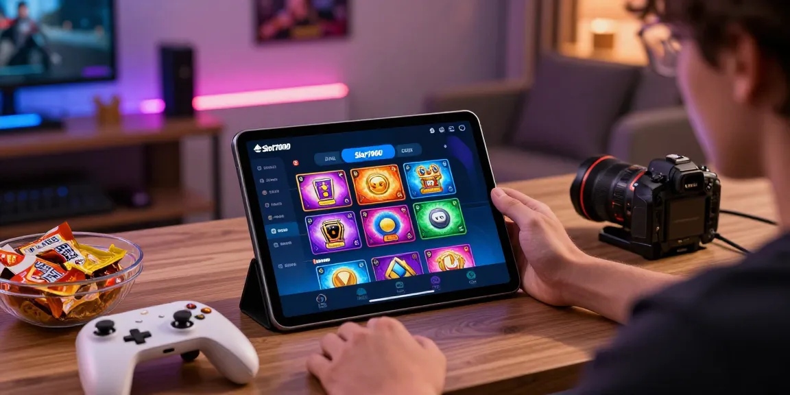 Slot7000 gaming platform scene with user enjoying vibrant interface in cozy environment