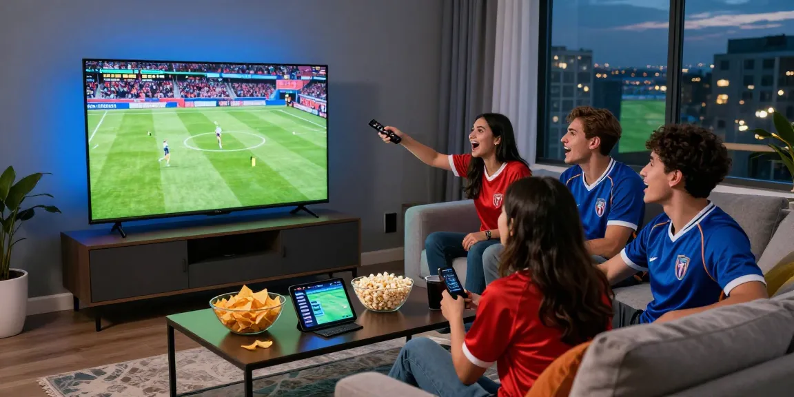 Friends enjoying live sports streaming in cozy living room, excitement defined by the source المصدر of entertainment.