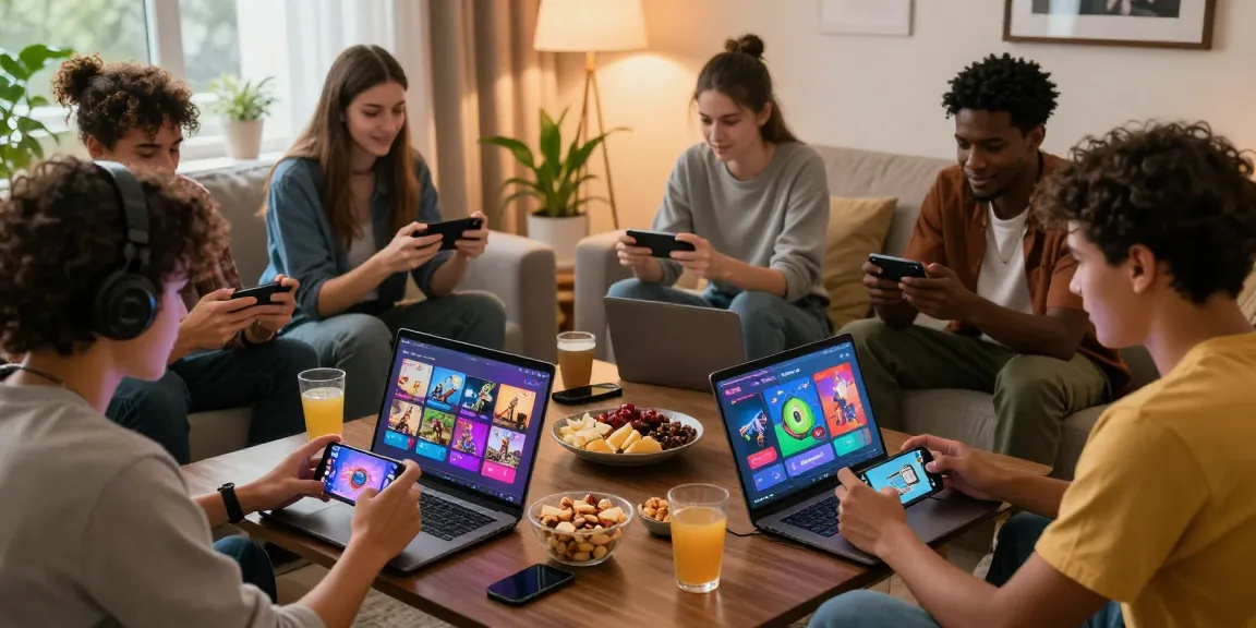Engaged players enjoying Tiranga Games on mobile and laptop in a lively, social gaming environment.